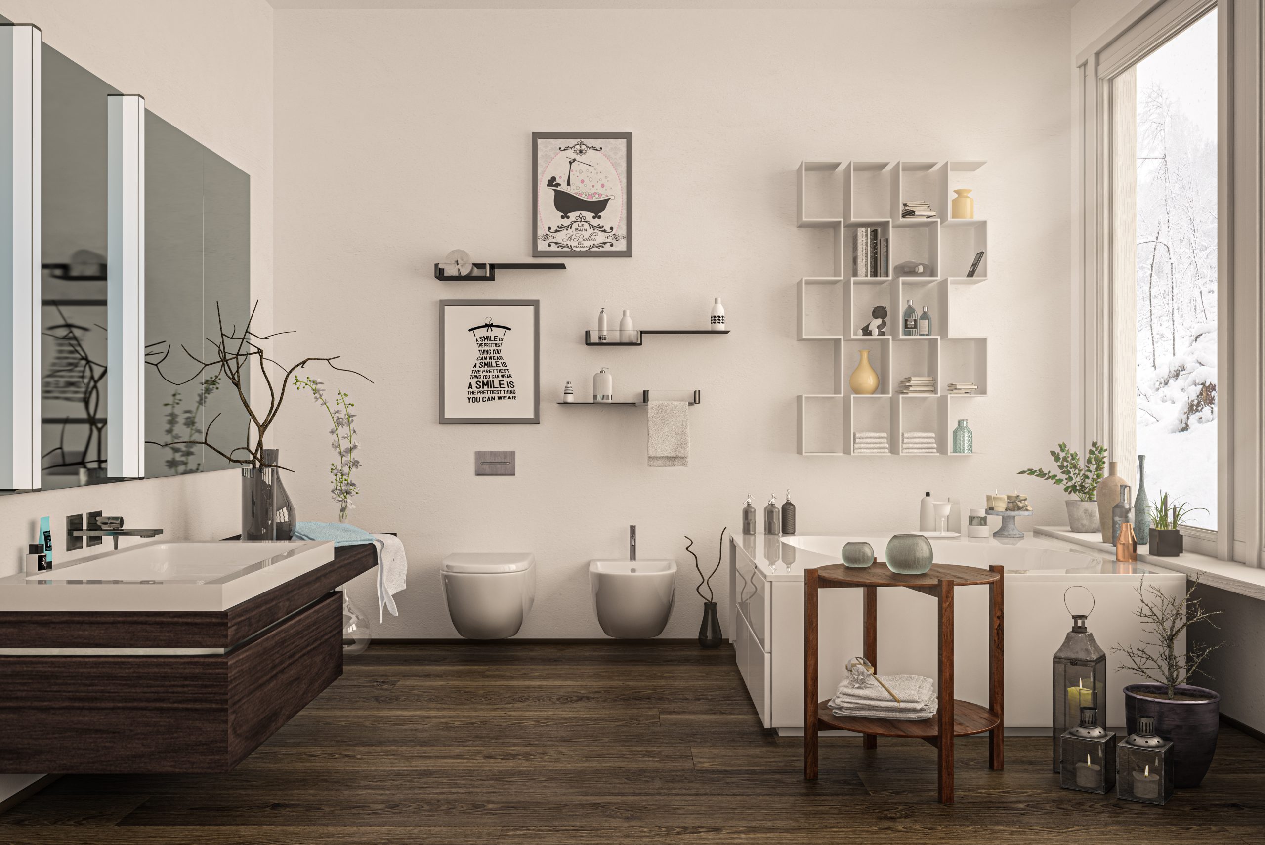 Salle de bain moderne avec un plancher laminé imitation bois franc.