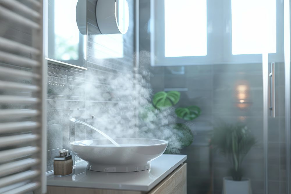 Une salle de bain avec un ventilateur d'extraction fonctionnant efficacement pour réduire l'humidité et empêcher la croissance de moisissures.